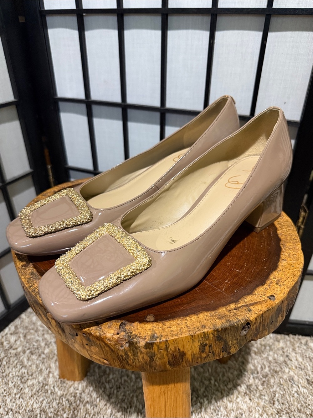 Sam Edelman Thalia Golden Sand Block Heel Square Toe Buckle Accent Slip On Pumps